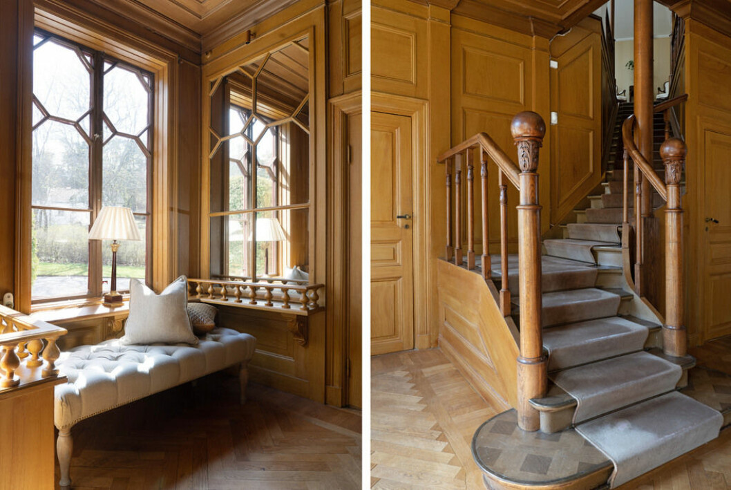 Detaljer från entrén. Elegant sittplats i burspråk och trappa upp till övre plan. Detaljer från entrén. Sittplats och trappa upp till övre plan.