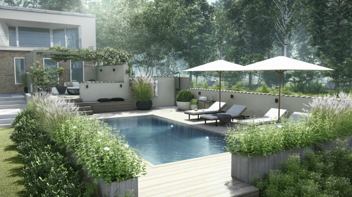 En 3D-visualisering från ett pågående projekt där poolen fått en låg mur som vind- och insynsskydd och ramas in av bland annat lavendel och prydnadsgräs i platsbyggda planteringslådor. En 3D-visualisering av ett pågående projekt.