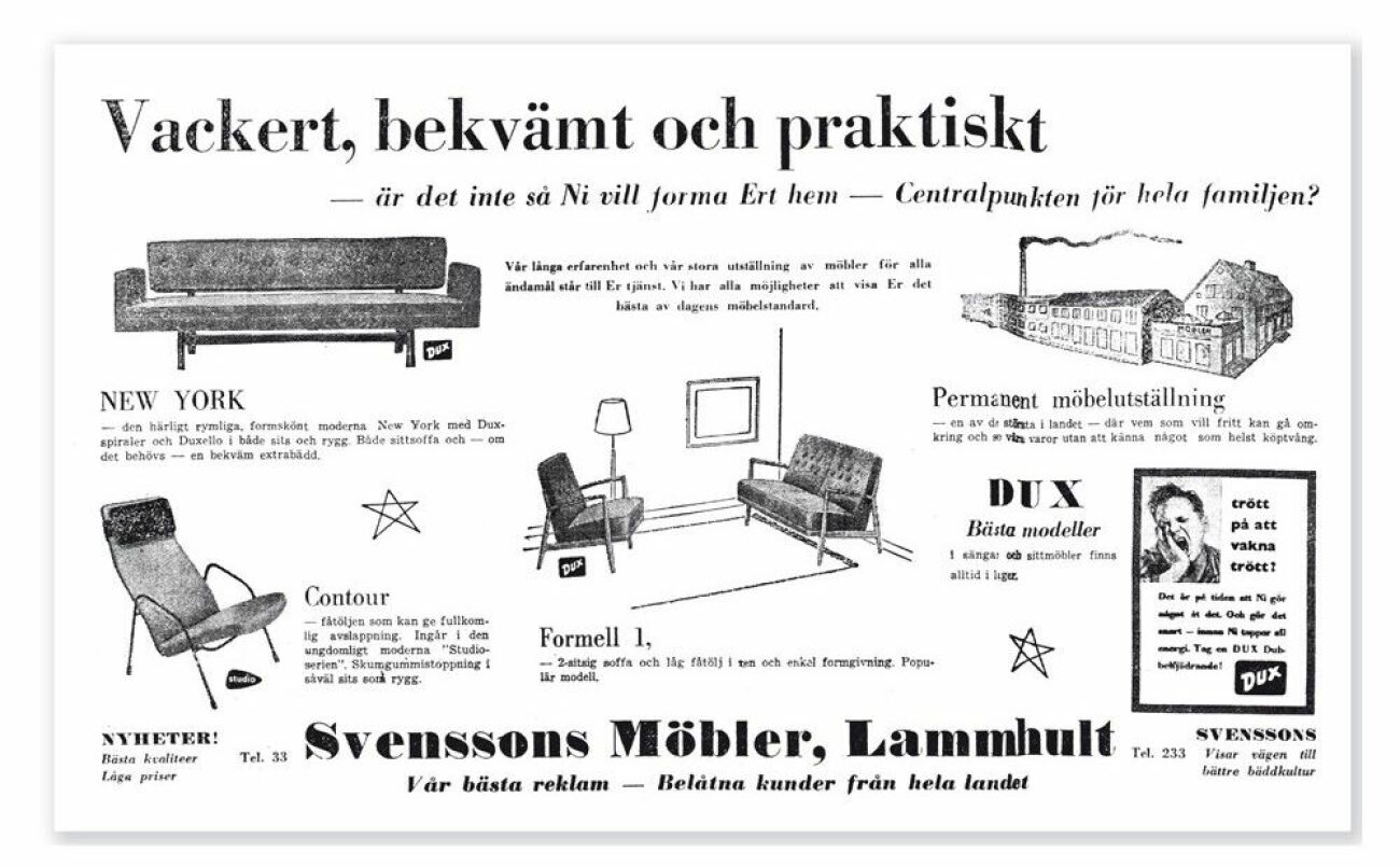 Annons från företaget Svenssons i Lammhults tidigare år, 1955.