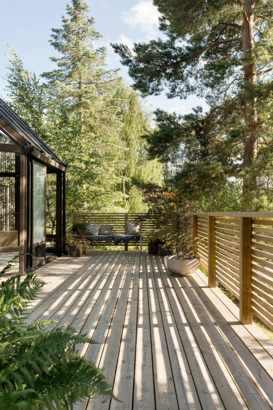 Glasutbyggnad och terrass, favoritplatser under vår, sommar och höst. Bänk, Grafitgrå, kruka, Friends & founders och växter, Zetas trädgård. altan
