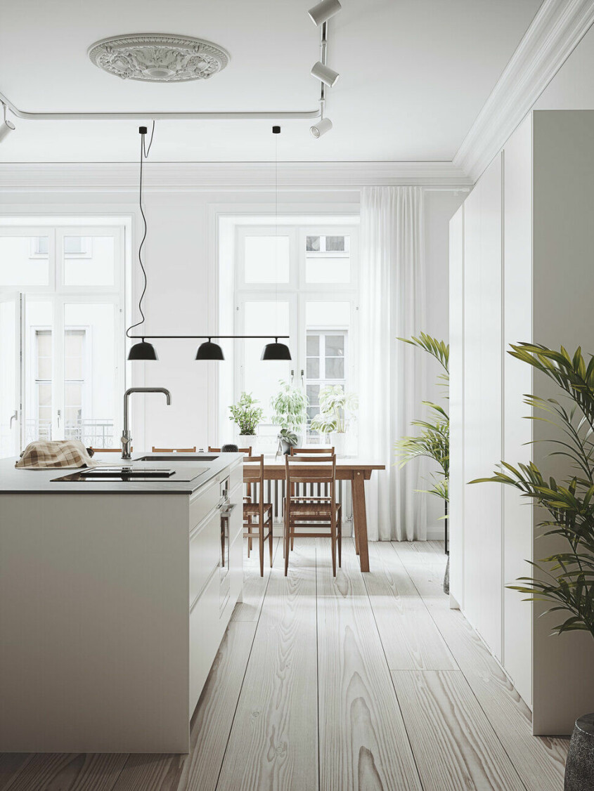 Nu låter vi kökslösningen integreras in i övriga inredningen genom stilfulla, moderna linjer. Köksinspiration vita kök Ballingslöv Stil