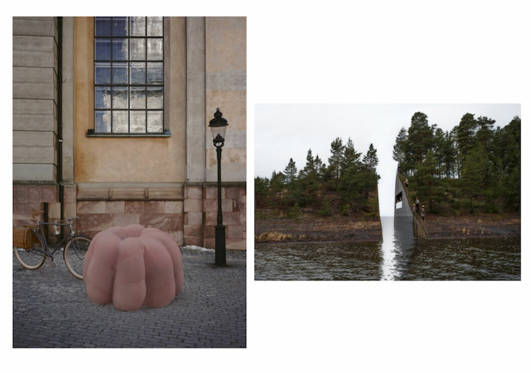 Vänster: ”Livräddande design” infartshinder och cykelställ av Hilda Hellström. Höger: ”Memory Wound” minnesplats efter terrorattacken på Utøya. Foto: Jonas Dahlberg Infartshinder och cykelställ av Hilda Hellström. Minnesplats på Utøya.