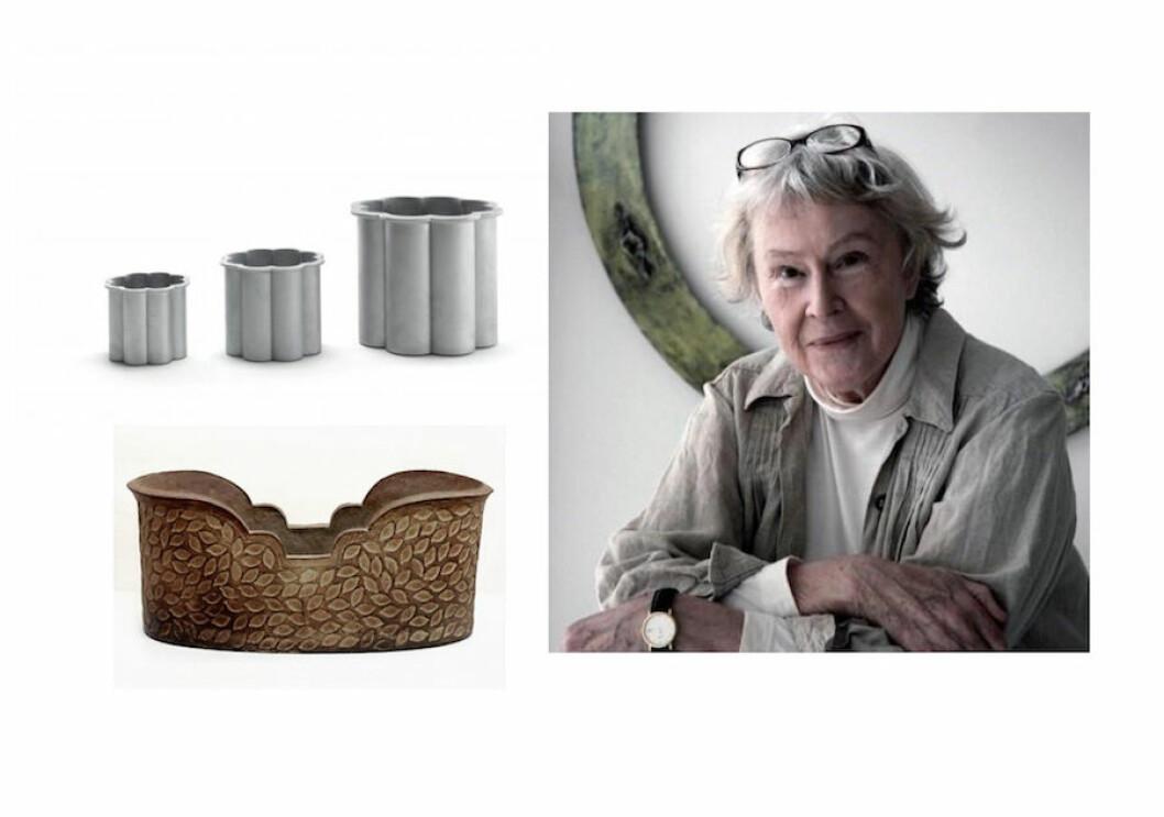 Över: Växtkärl Gråsippa, sandgjuten aluminium, Byarums Bruk, foto: Sam Sylvén Under: Barca med stämplad dekor, foto: Åke Hedström. Växtkärl Gråsippa, Barca med stämplad dekor och Signe Persson Melin.