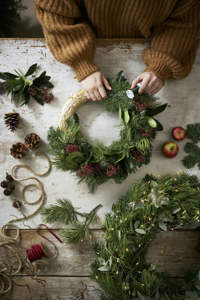 Bind en egen krans till julen! Allt du behöver är en stomme, blomstertråd och växter. Foto: Plantagen diy julkrans – så gör du