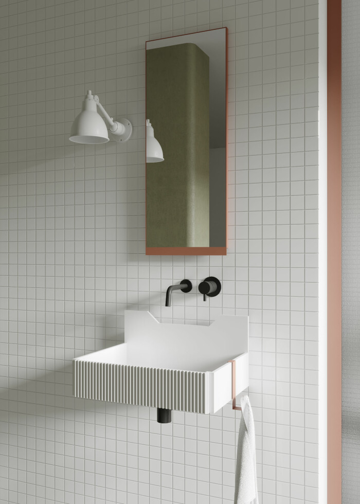 Modern retrokänsla hos Ex.t. med mönster och färgklickar. Foto: Ex.t badrum i modern retrostil