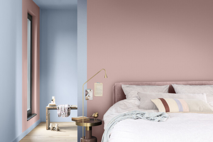 Color blocking möter 2022 års trendiga pasteller. Här syns några av Nordsjös nyheter för nästkommande år. Foto: Nordsjö. Färgtrender 2022, color blocking rosa blått