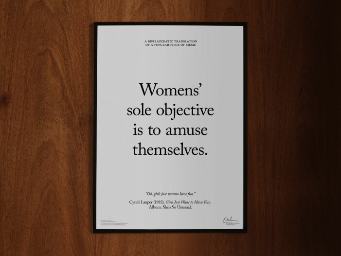 Byråkratisk översättning av <span class=" italic" data-lab-italic_desktop="italic">Girls Just Want to Have Fun </span>med Cyndi Lauper. Feministisk konst