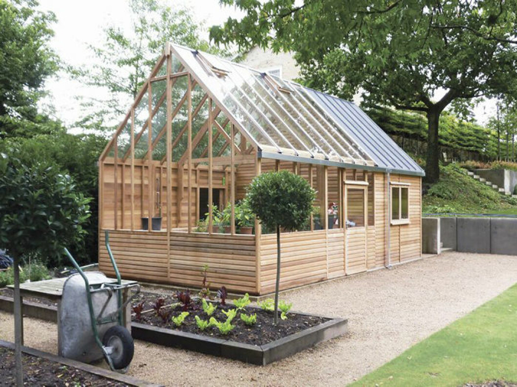 Växthus byggt i kanadensisk röd ceder från Garden Green House. Bild på växthus i ceder.