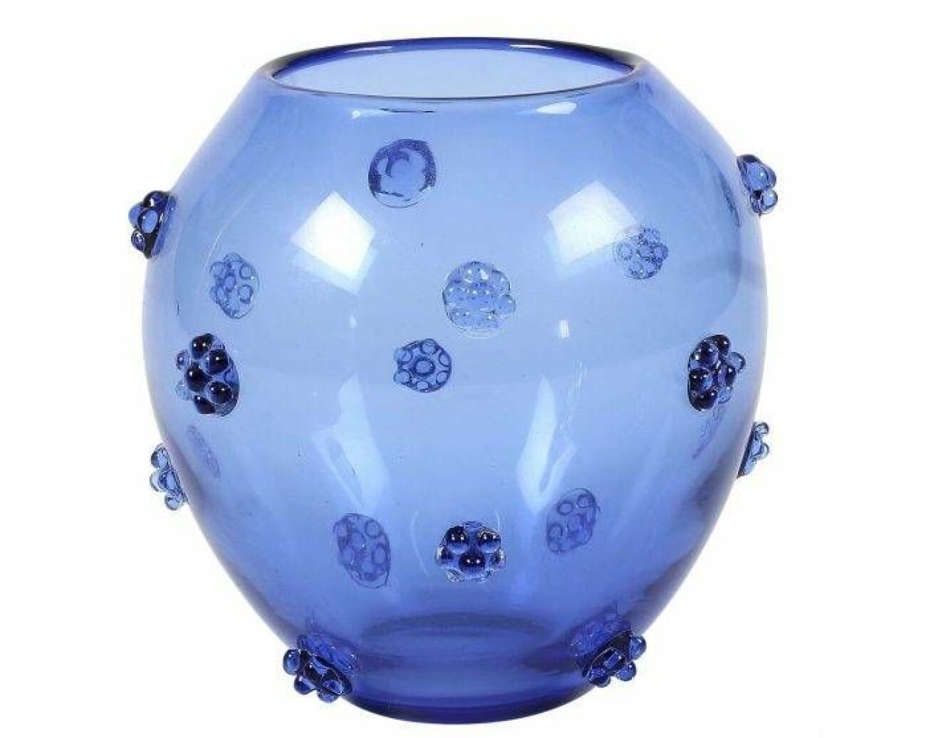 Blå, rund glasvas med blå glashjortron på.