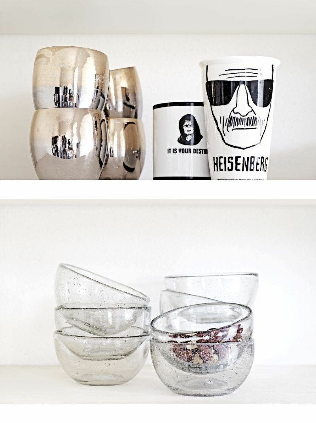 Less is more, tycker Bill när det kommer till porslin och köksredskap. Sitt kaffe dricker han ur koppen med Breaking Bad-karaktären Heisenberg på, som han köpte på Forbidden planet när han var i London med familjen. Gästerna får dricka ur de vackra stengodskopparna i guld och silver av Catherine Djurklou, Höganäsgruppen. heisenberg kopp
