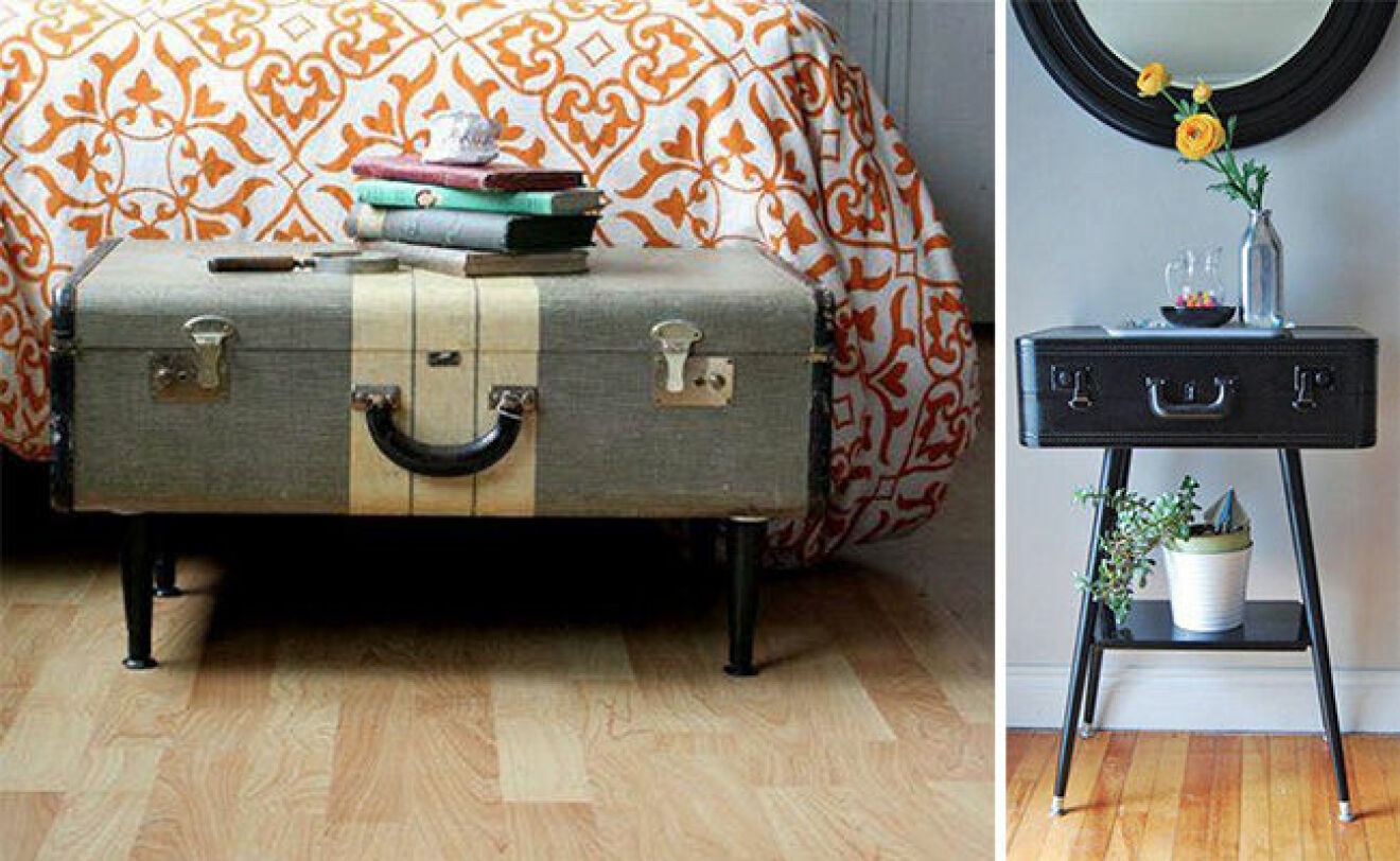 Återvinn mormors gamla resväska och använd som fotpall, avlastningsbord – eller varför inte hänga upp på väggen och ha som väggskåp? Foto: Upcycleart