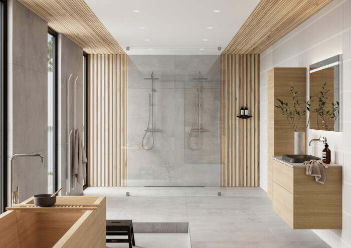 Rena linjer, naturmaterial och en avskalad helhet skapar den skandinaviska stilen i badrummet. Foto: Iconic Nordic Rooms badrum i skandinavisk minimalistisk stil och trä