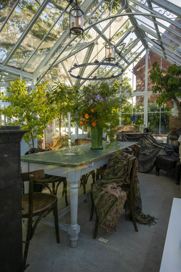 Att Karl Fredrik är trädgårdsmästare och florist råder inga som helst tvivel om. Överallt gror och prunkar det. Och hans överdådiga buketter finner sin plats även i växthuset. Hemma hos Karl Fredrik på Österlen växthuset blommor ljuskrona