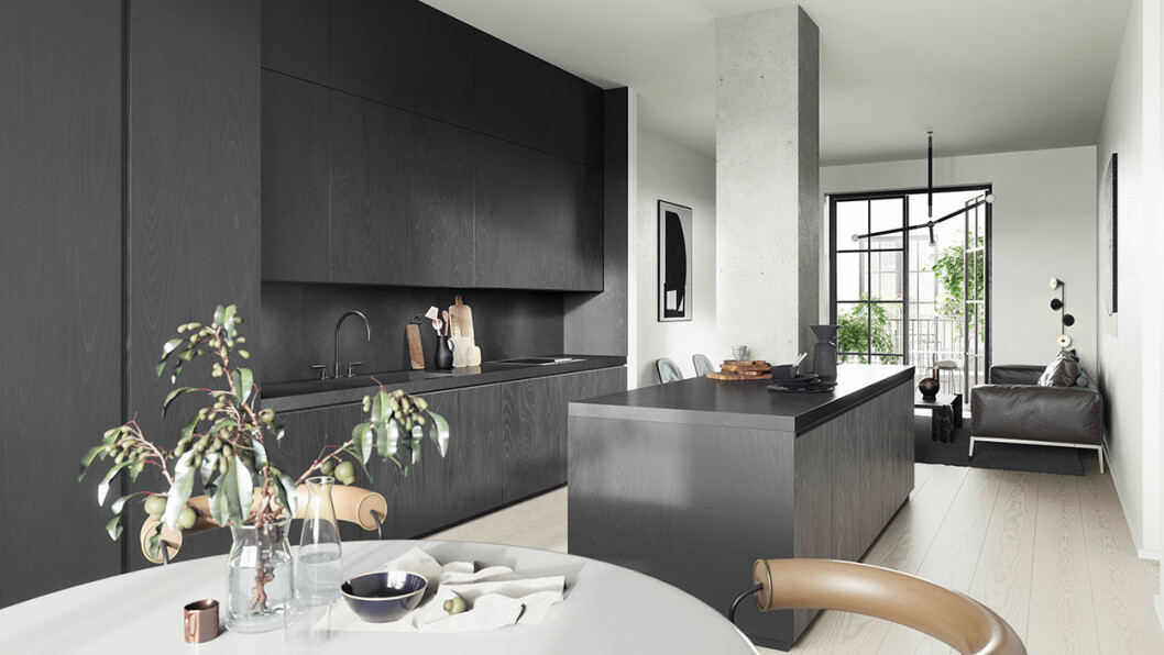 I våningarna på Karlaplan 2 har Lotta Agaton har tagit fram ett modernt designkoncept med en ljus och en mörk interiör.