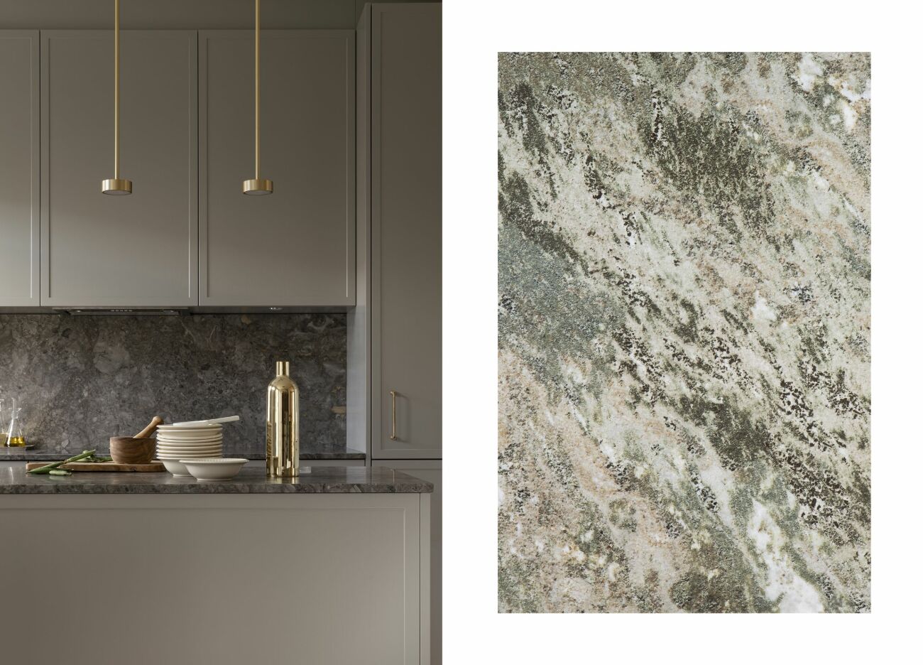 Till vänster: Kök, Contemporary Atelier, färg Klippa, pris vid förfrågan, Kvänum
Till höger: Granitkeramik för golv och vägg, M66 Kolmården, pris 995 kr/m², Bricmate