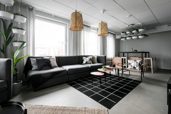 Utöver gemensamma ytor i lägenheten kommer det att finnas ytor i bostadshuset som också är gemensamma. Som detta sällskapsrum. Kollektiv inrett av Ikea
