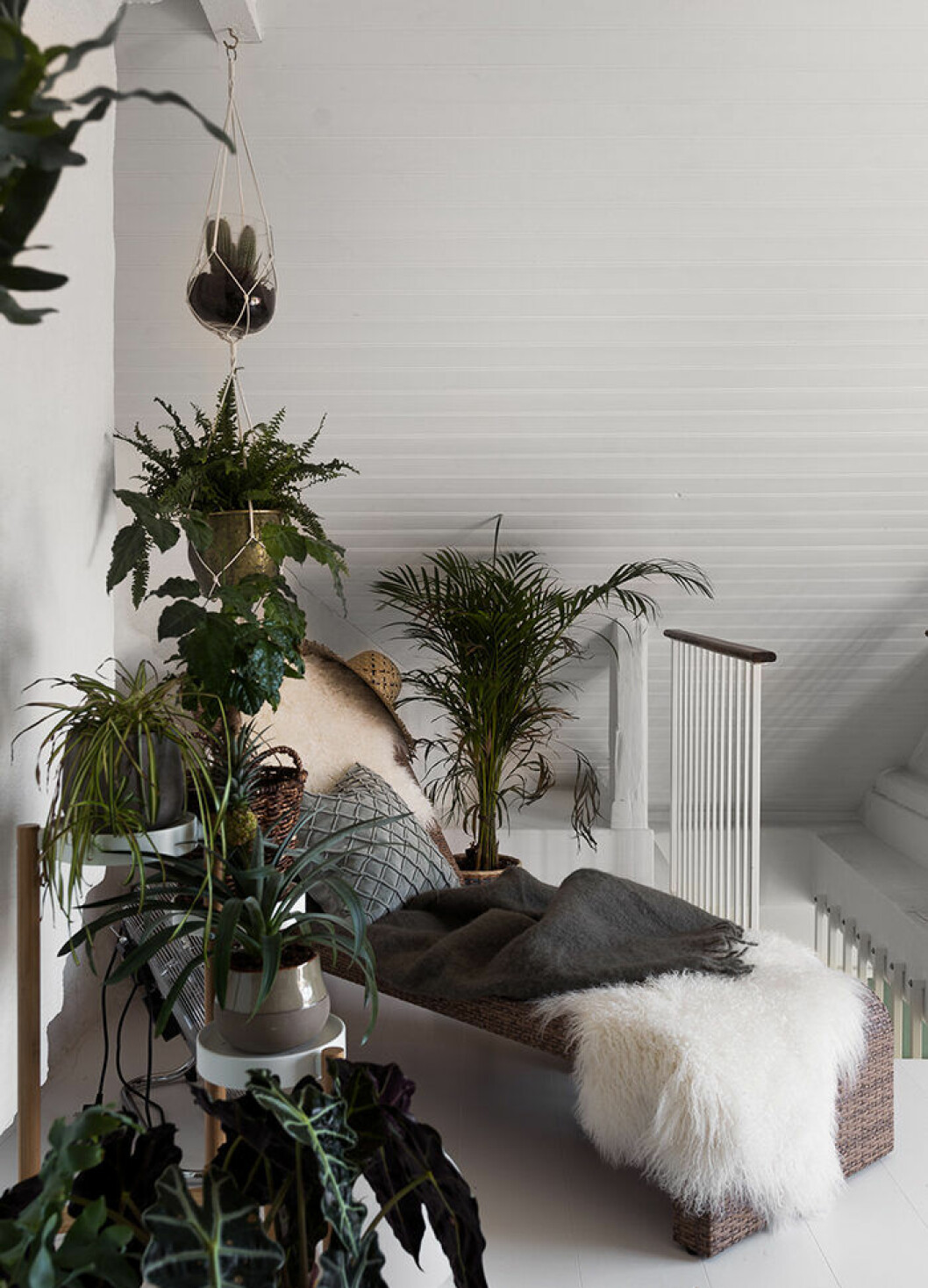 Foto: Johan Spinnell Styling: Charlotte Lindholm för Historiska hem/mäklare: Charlotte Pellas Läshörna solsäng, växter och grönska