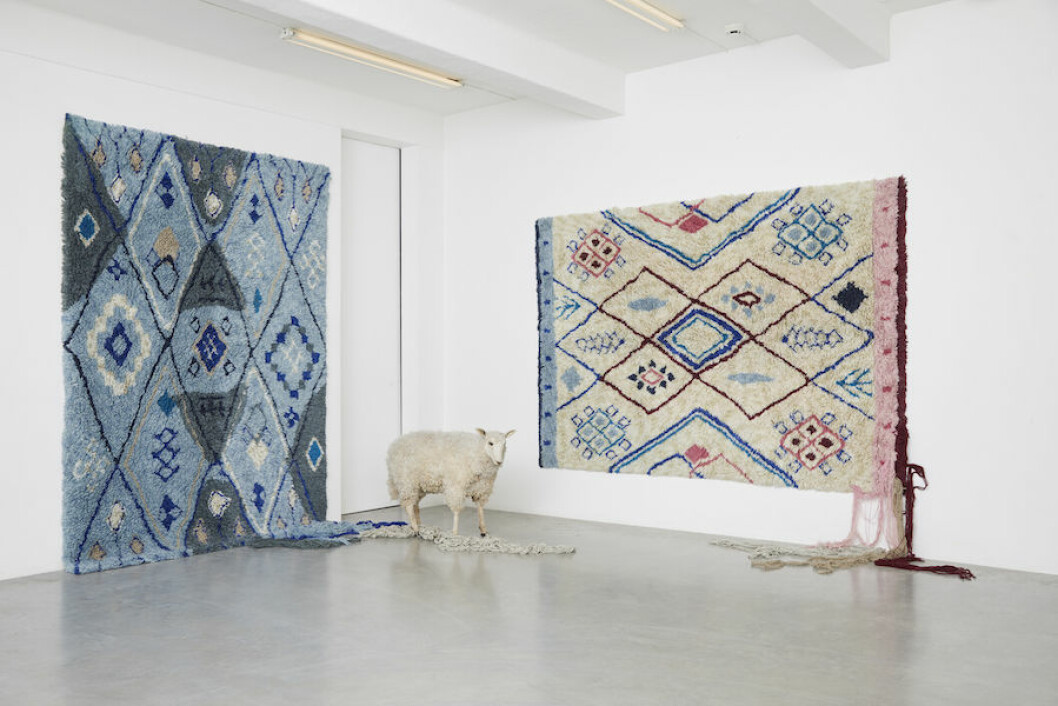 Bild på beige och blå matta från Layered upphängda på väggen tillsammans med ett får. 