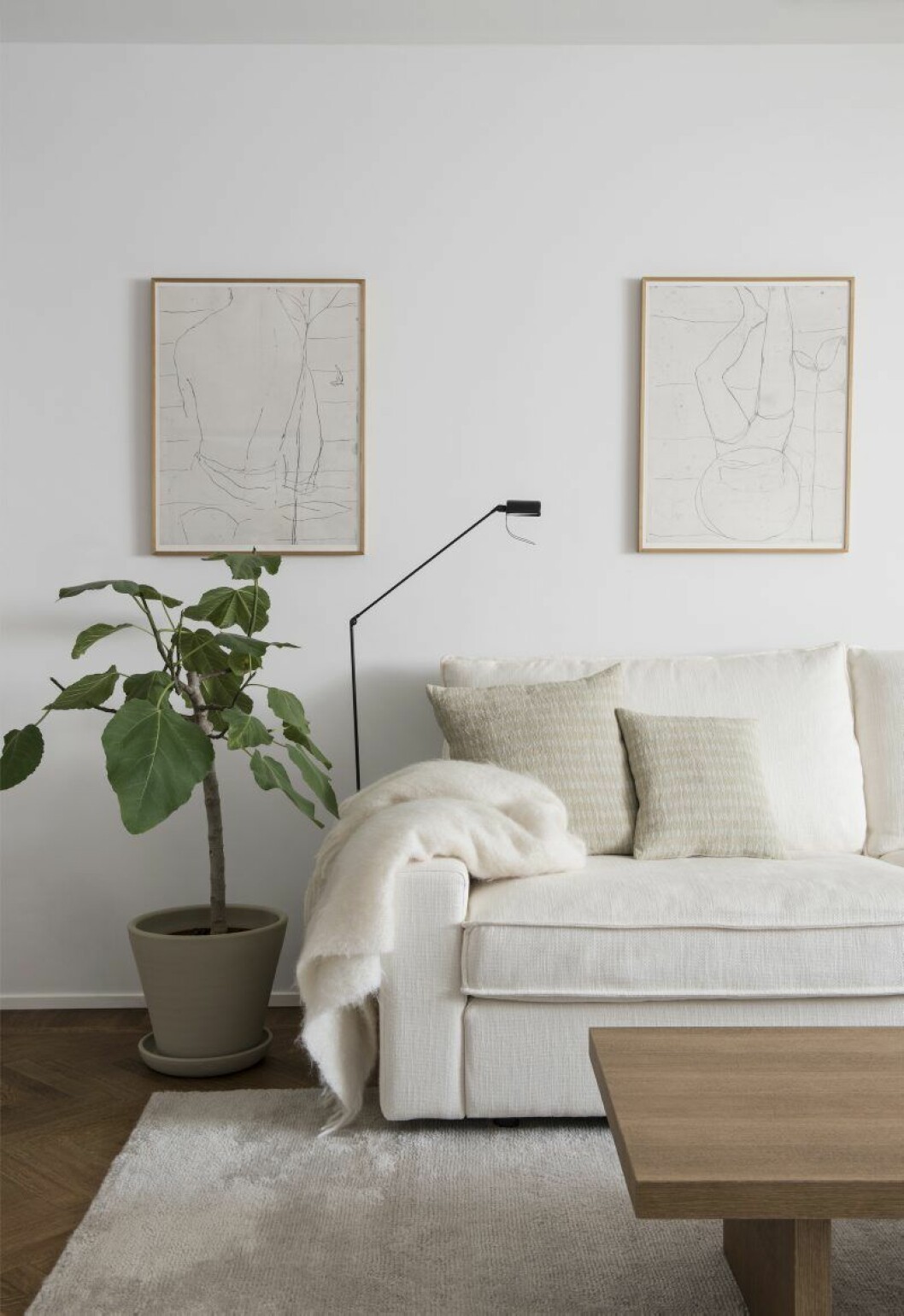 I det ljusterapeutiska vardagsrummet står soffan Hamilton från Minotti på en handknuten sidenmatta från Knut mattor.