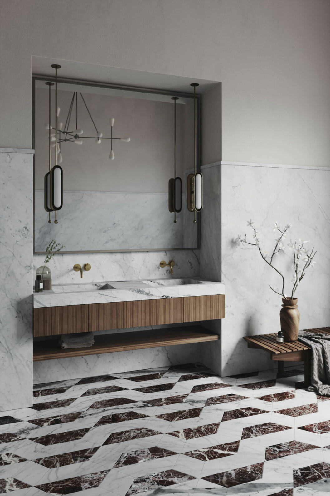 Foto: Vanitas Studio från artikeln <a target="_blank" href="https://www.residencemagazine.se/inredning/badrumsexperten-om-2021-ars-stora-badrumstrender/7062217">Badrumsexperten om 2021 års stora badrumstrender</a> Vackert badrum med natursten och mönstrat golv.