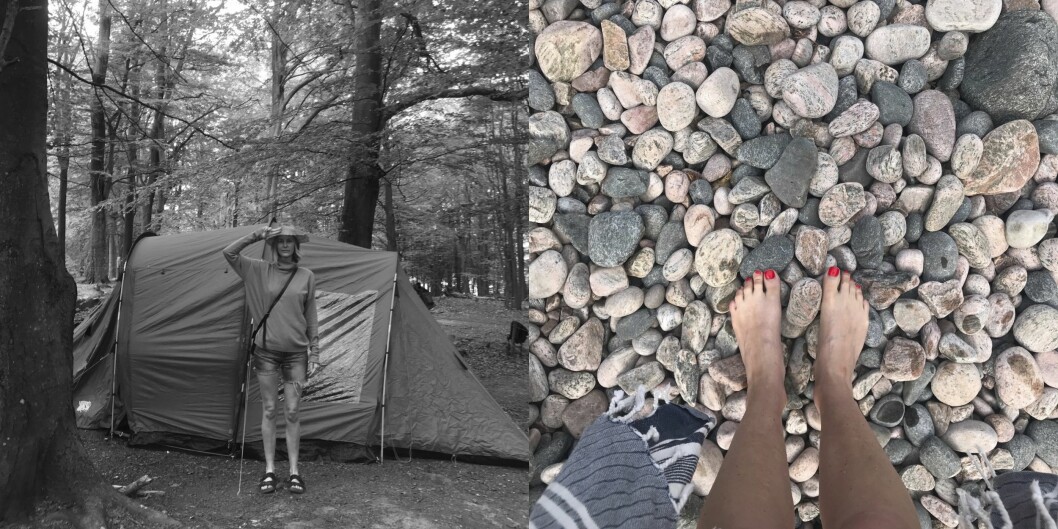 Malin Persson framför sitt tält. Kullens fyr ligger i naturreservatet Kullaberg och är Sveriges starkaste och högst belägna sjöfyr.