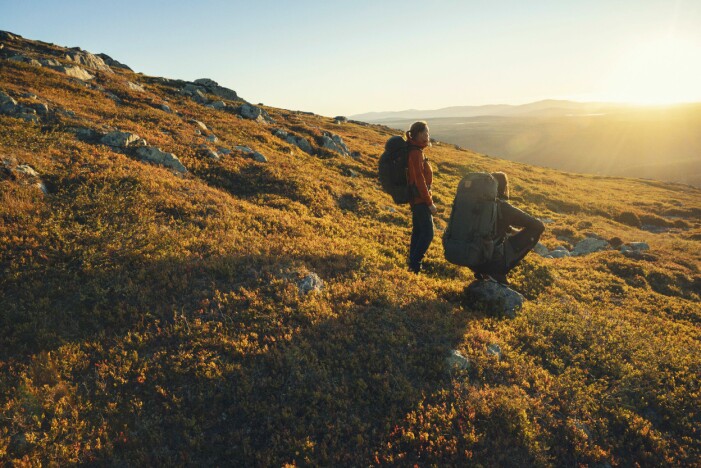 Ett effektivt sätt att stressa ner är att ge sig ut på promenad i skogen. Bild från Fjällräven. Bild från fjällräven, två personer ut i naturen.