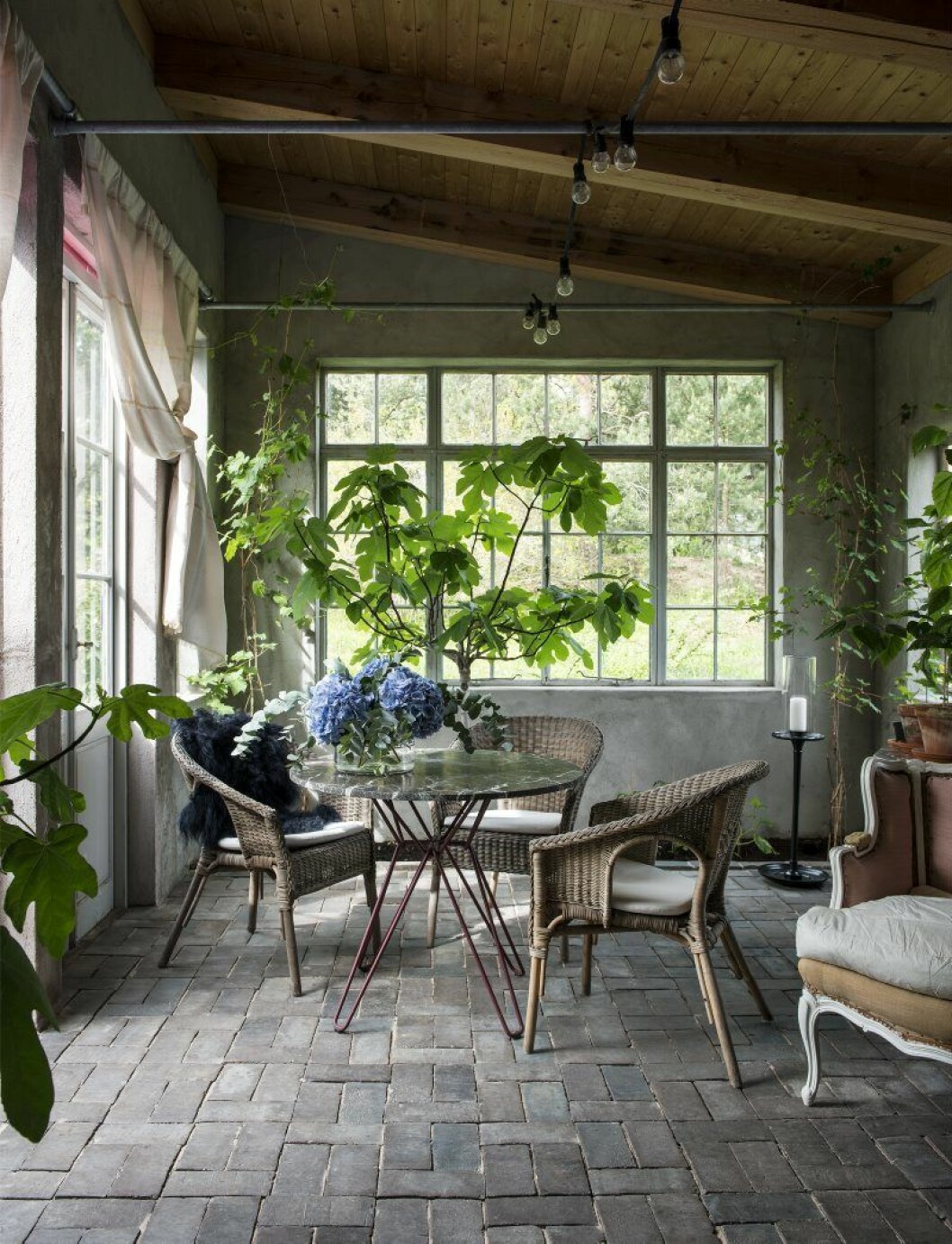 Fönster och dörrar i orangeriet är inköpta från rivningshus i Danmark. Orangeriet är sedan ritat och byggt utifrån dessa. Möbler och krukor är ett hopplock av auktionsinrop och en del egen design, eller »sammansamplade« av andra delar. Fönster och dörrar i orangeriet är inköpta från rivningshus i Danmark. Orangeriet är sedan ritat och byggt utifrån dessa. Möbler och krukor är ett hopplock av auktionsinrop och en del egen design, eller »sammansamplade« av andra delar.