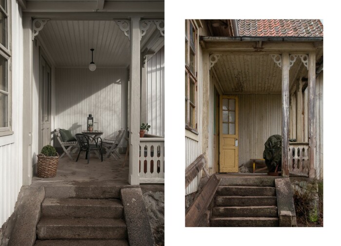 Östra verandan efter och före. »Här sitter vi oavsett årstid och oavsett väder och det är på riktigt nästan alltid härligt!! Vår lilla fristad i allt det ofärdiga«, skriver Lovisa på Instagram. Östra verandan efter och före.