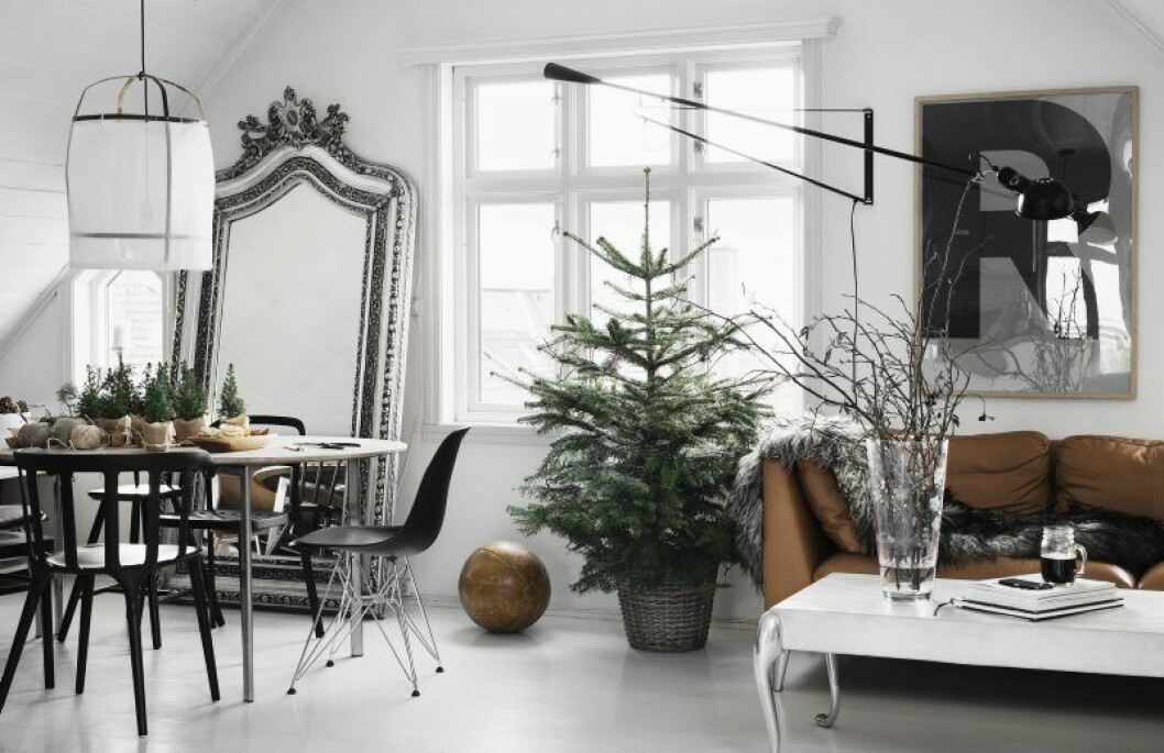 Den stora spegeln är från Lauritz. Bord och stolar, Black design. Julgranen ska vara grön! Det vill säga, låt bli pyntet. PerOlav_FotoKristoferJohnson5