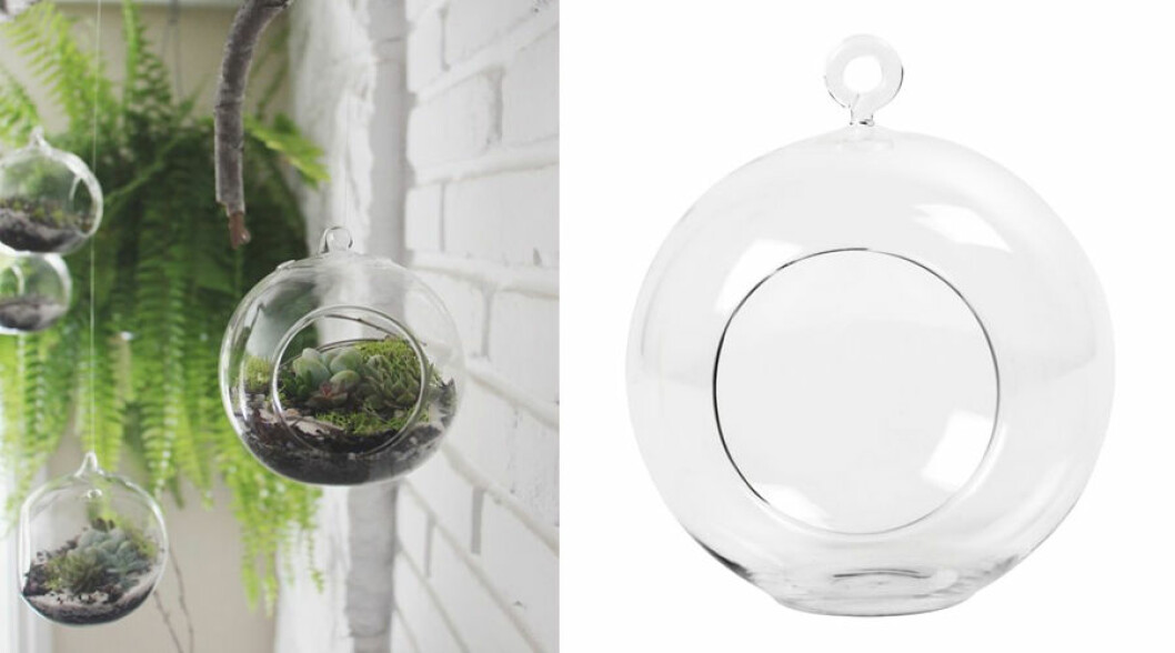Via: <a href="https://needlesandleaves.squarespace.com/blog/2013/10/10/diy-hanging-succulent-terrarium" target="_blank">Needles and Leaves</a> & <a href="http://www.lagerhaus.se/inredning/dekoration/ovrig-dekoration/hangande-glasklot" target="_blank">Lagerhaus</a> Via: hej & hej