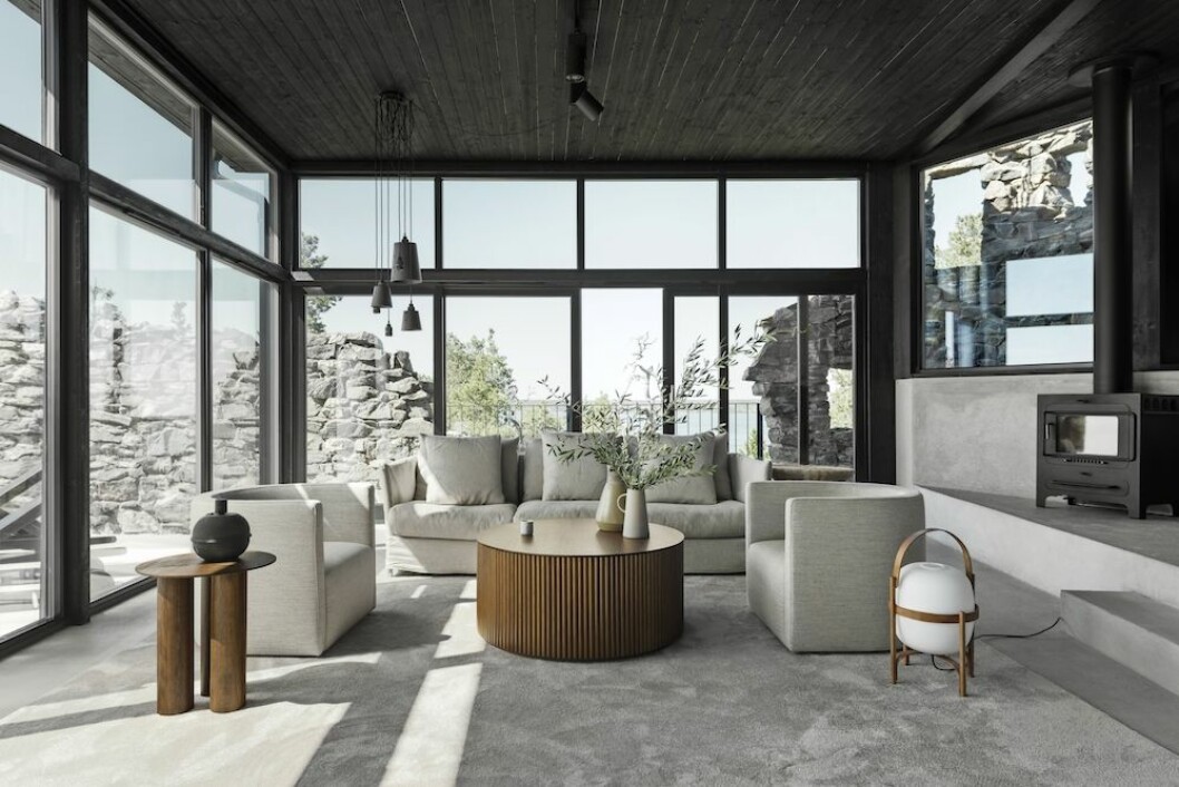 Runt bord Grand Palais av Anya Seb ton och Eva Lilja Löwenhielm för Asplund. Soffa Curve av Pierro Missoni för Living Divani, fåtölj Confident, Lissoni. Pelarbord av Matti Carlsson. Golvlampa Cesta av Santa and Cole. Runt bord Grand Palais för Asplund. Soffa Curve för Living Divani, fåtölj Confident, Lissoni. Pelarbord av Matti Carlsson. Golvlampa Cesta av Santa and Cole.<br /> <br />Ruin retreat, Nacka.