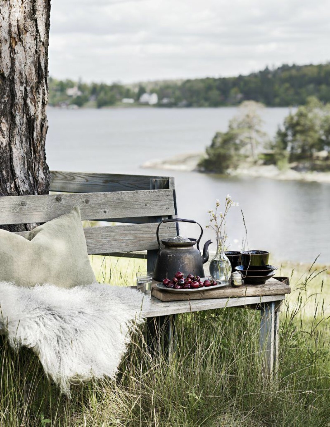 Kudde, 1 100:-, Garbo interiors. Kuddfodral i fårskinn, här som fäll, 2 900:-, Garbo interiors. Vattenglas, 125:-, À la carte antik. Skärbräda av Andrea Brugi, 1 600:-, Lotta Agaton shop. Ovalt fat med körsbär, 950:-, Birgitta Watz. Kopp med fat, Anna Lerinder, 500:-, Norrgavel. rustik tradgard