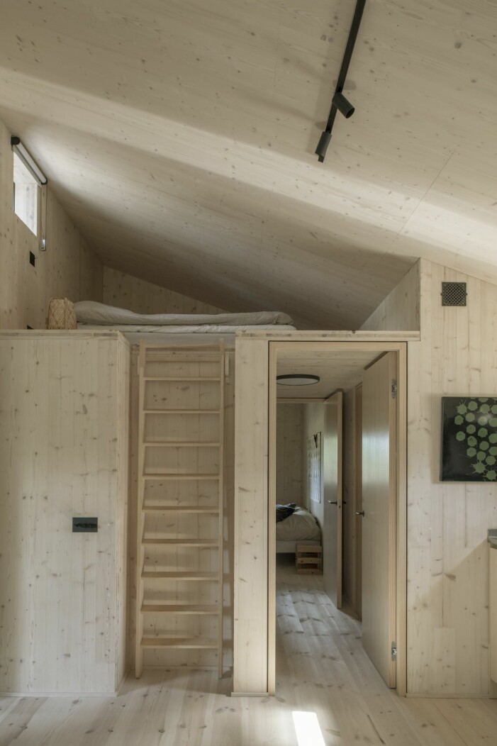 Studiohuset med sängloft för döttrar och gäster har fint ljus från norr. Badrum, tvättstuga och gästrum längre in. Sängloft.