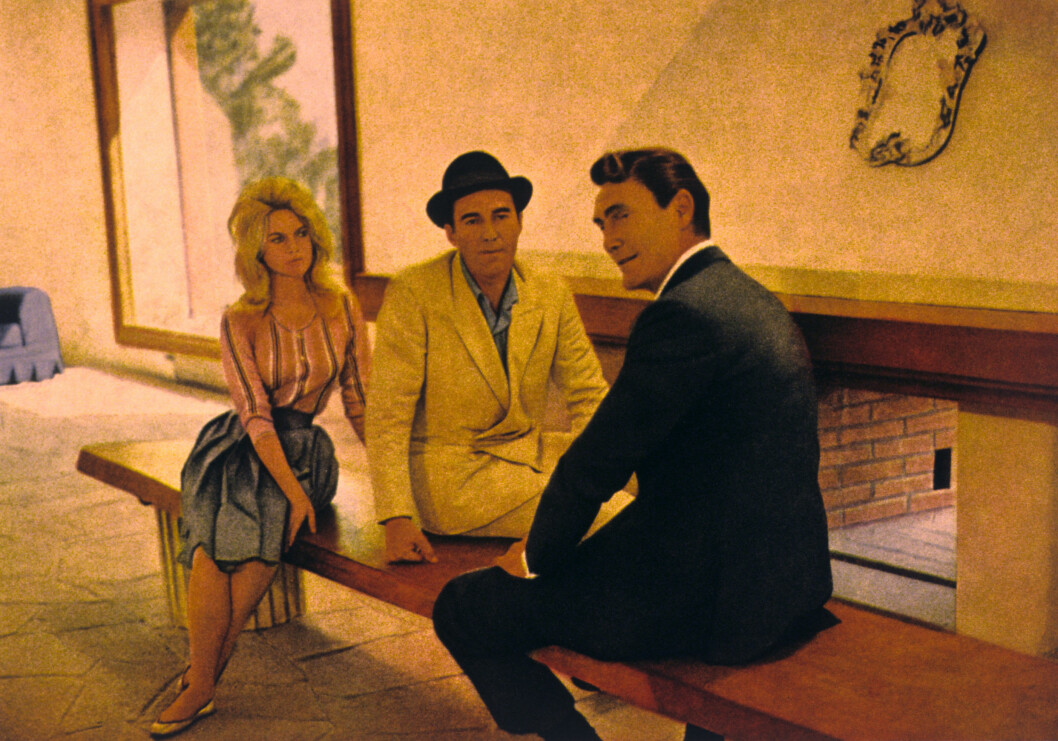 Brigitte Bardot, Michel Piccoli och Jack Palance i filmen Contempt från 1963.