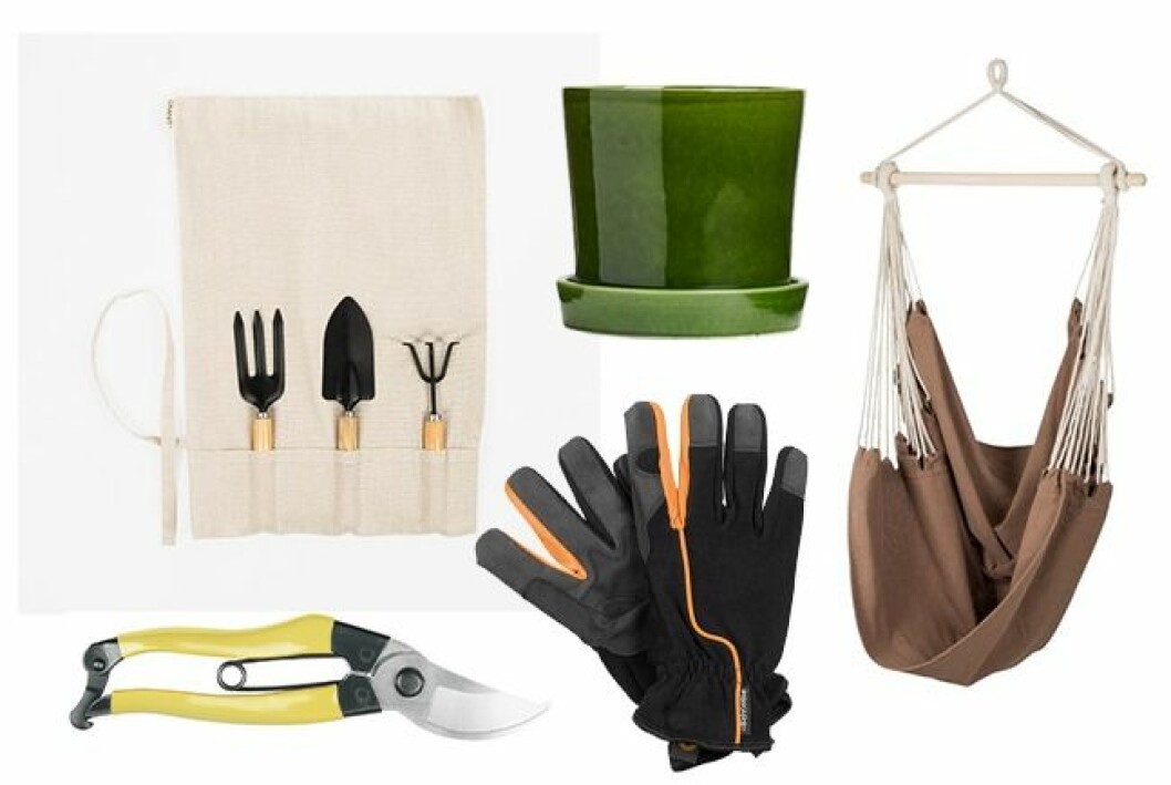 Från vänster till höger: Trädgårdskit med väska, japansk sekatör, blomkruka i terracotta, trädgårdshandskar och hängstol. Fem shoppingtips till trädgården.