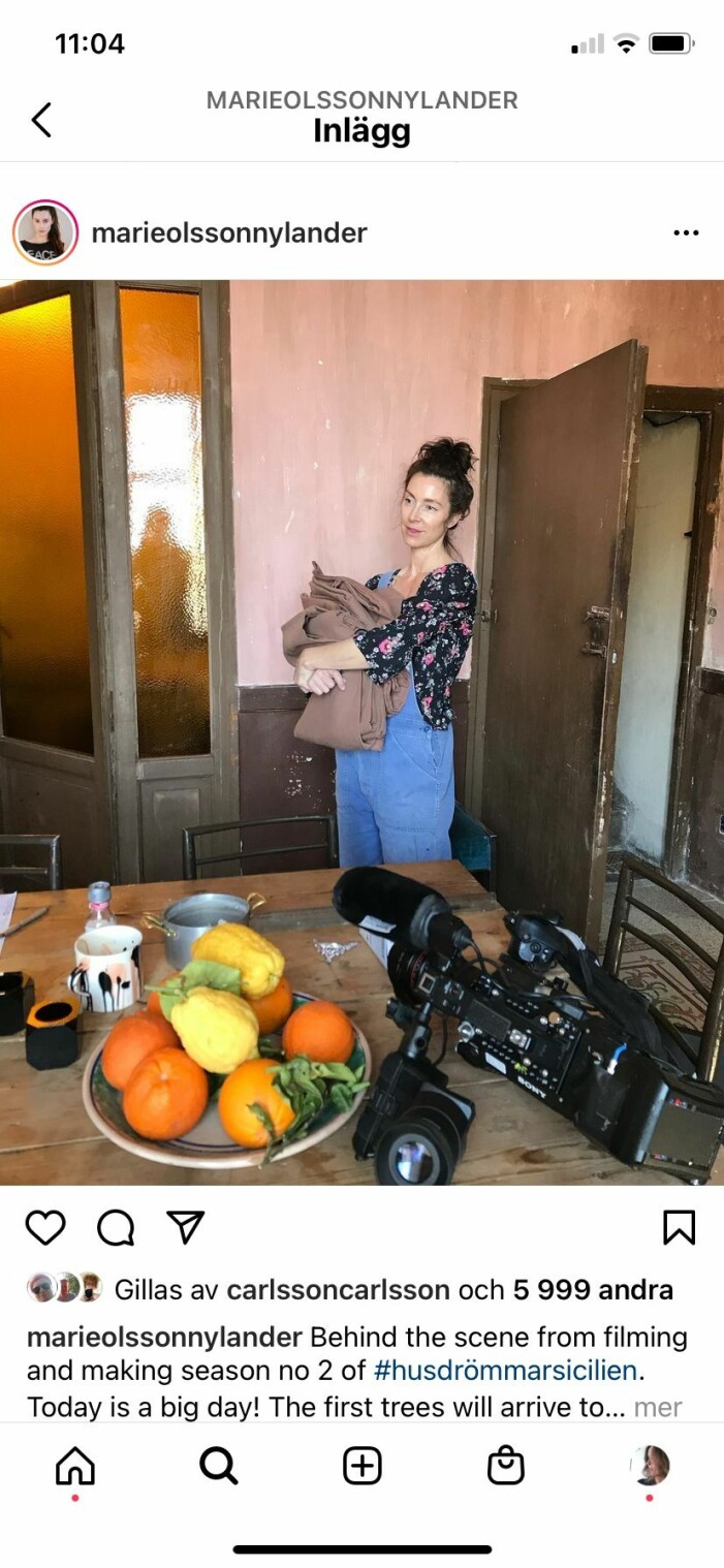 Marie beskriver på sitt Insta-konto hur inspelningarna fortskrider. Marie Olsson Nylander Husdrömmar Sicilien säsong 2