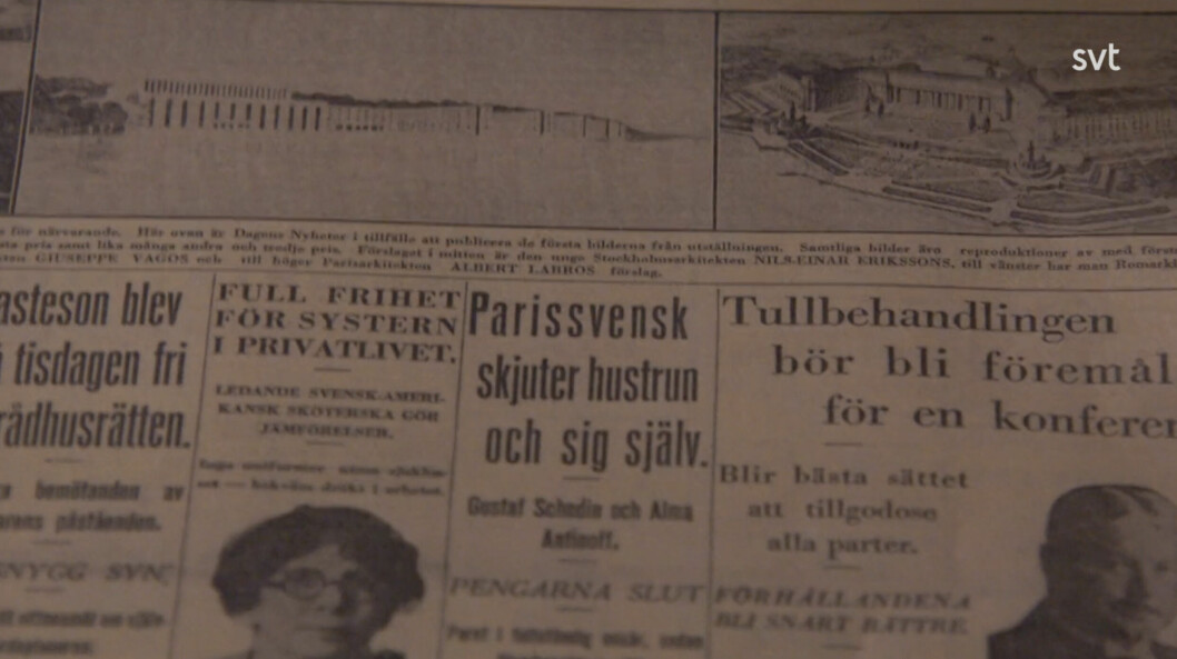 Onsdagen den 6 juli 1927 på första sidan av Dagens Nyheters står det på löpsedeln: »Parissvensk skjuter hustrun och sig själv«. Onsdagen den 6 juli 1927 på första sidan av Dagens Nyheters står det på löpsedeln: »Parissvensk skjuter hustrun och sig själv«.
