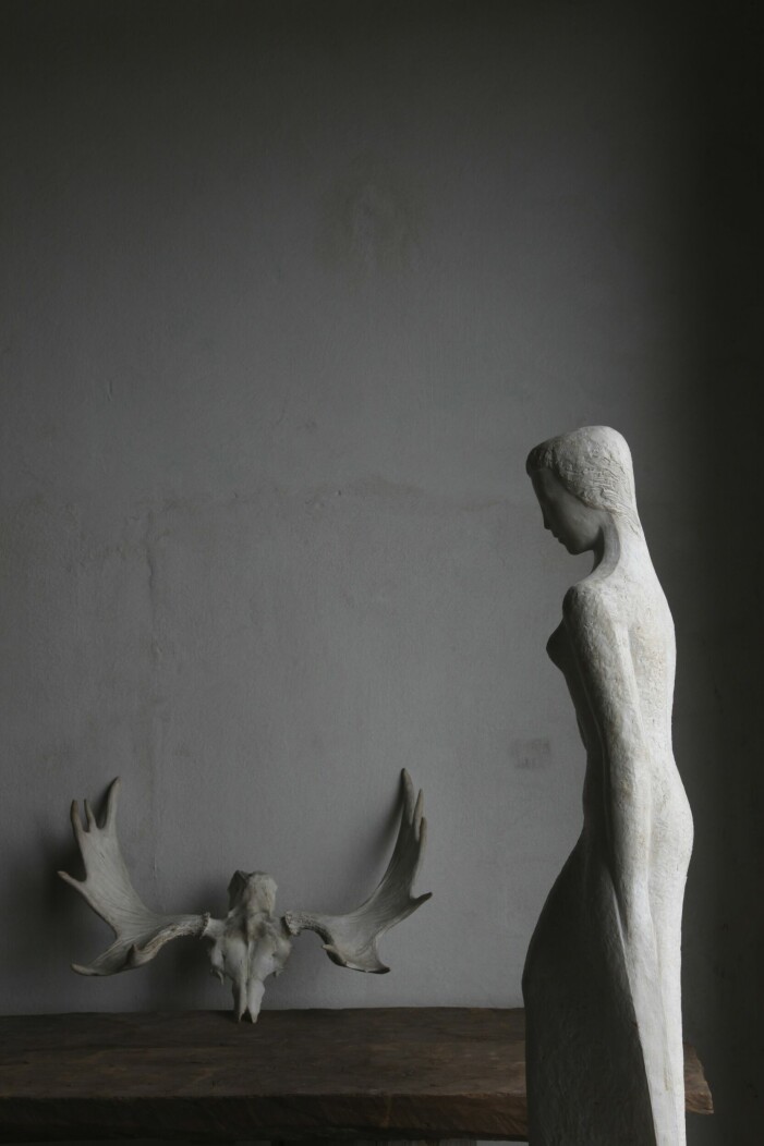 Kranium och horn från en älg samt en staty.