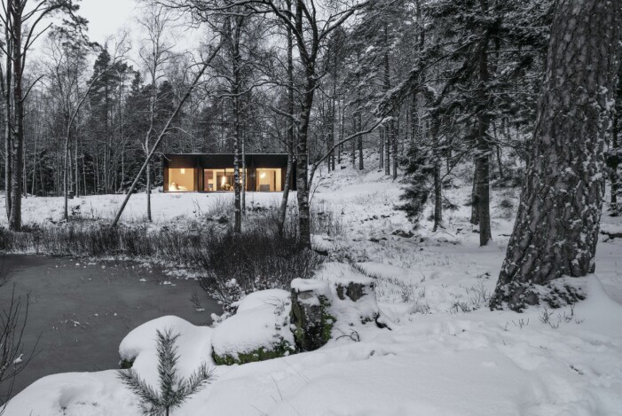 Svart lyxigt hus mitt ute i skogen.