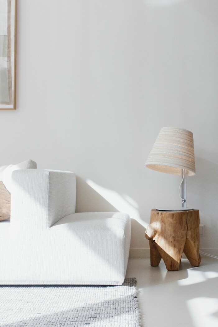 Minimalistisk inredning med en häftig lampa på en trästock. Minimalistisk inredning med en häftig lampa på en trästock.