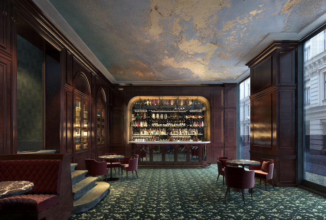 Dova toner med historiska detaljer möter lyx från världen över. Bank Hotels bar I rustik stil.