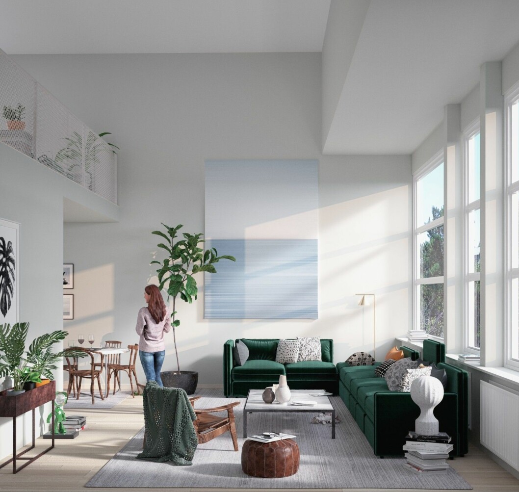 Exempel på tvårumslägenhet med loft och dubbel takhöjd i bostadsprojektet Utsikten i Nynäshamn. Vaktberget_Utsikten_loft_vardagsrum utan lampa