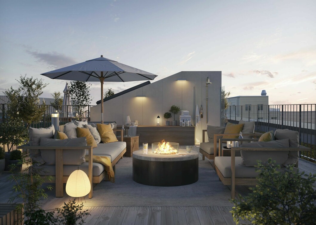 Rendering av den mysiga takterrassen. Rendering av den mysiga takterrassen.