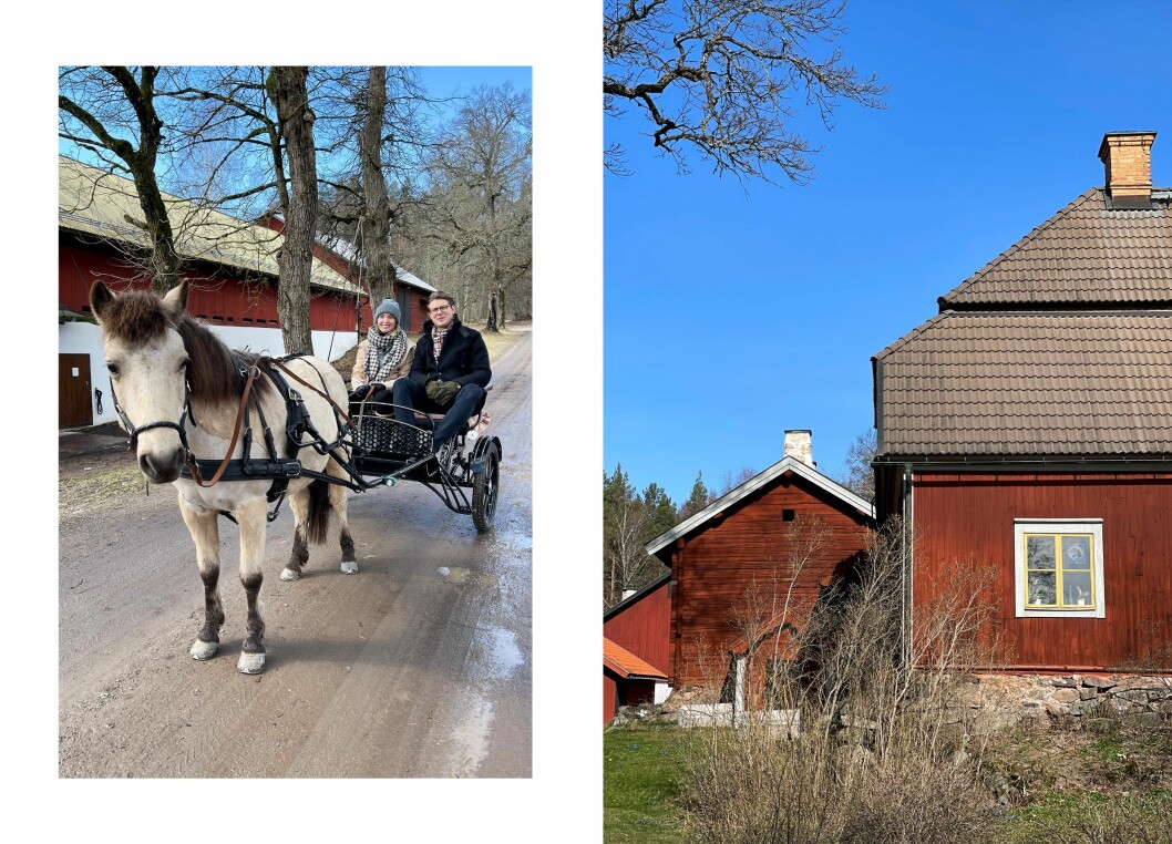 Erika och Rickard kommer till gården i häst och vagn.