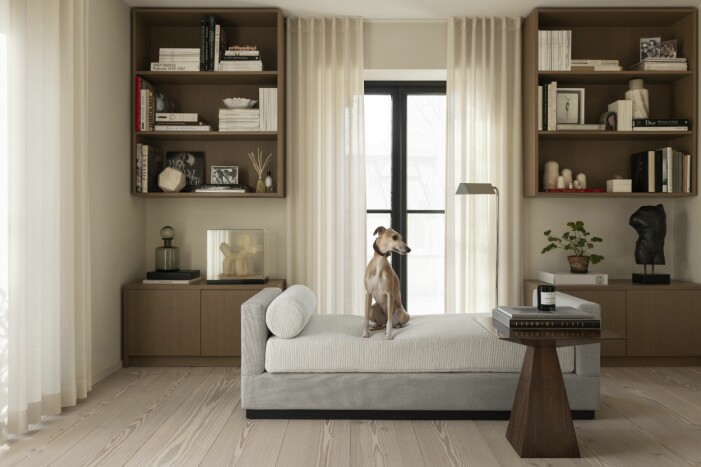Bokhyllorna är specialgjorda för hemmet. Den svarta bronstorson är Daniels Östmans egen. I förgrunden syns bordet ur serien Seed av Louise Liljencrantz x KFK Master cabinet makers.
